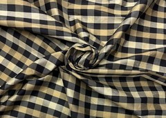 DUPIONI SMALL CHECK BLACK CREAM BEIGE 100% SILK MULTIPURPOSE FABRIC BY YARD 54″W