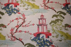 Zen Linen Multicolored Asian Toile Print on Taupe Regal Fabric