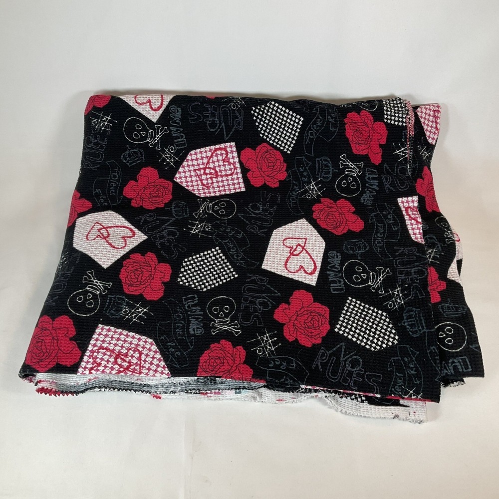 Black With Skulls And Red Roses Hearts Waffle Weave Double Knit 61” Wide x 4 Yds