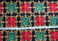 1 yd 100% Cotton Fabric Black with Red Poinsettias & Green Ivy within Gold Frame