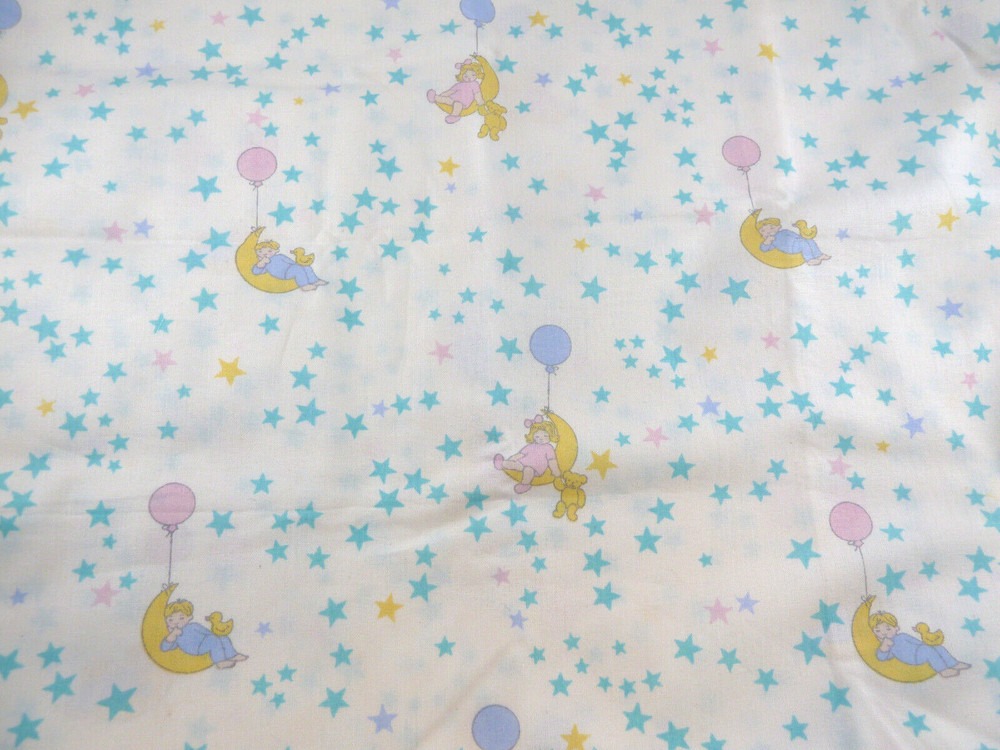 Babies on moons w Balloons & Teddy bears floating in Stars Cotton Fabric 55″ W
