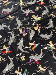 Alexander Henry Vintage Cotton Fabric 1 Yd Black Shark Surfer Print Quilting