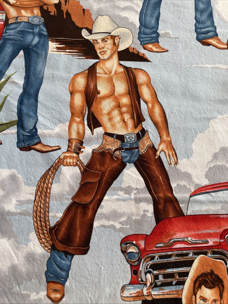 Alexander Henry Wranglers Shirtless Cowboy Fabric Sexy Country Truck Yd Blue