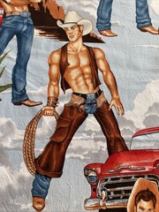 Alexander Henry Wranglers Shirtless Cowboy Fabric Sexy Country Truck Yd Blue