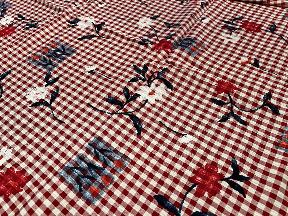 4+ yds Flowers Painted on Red Gingham Fabric Vtg 1996 Tandler Textiles 54″ wide