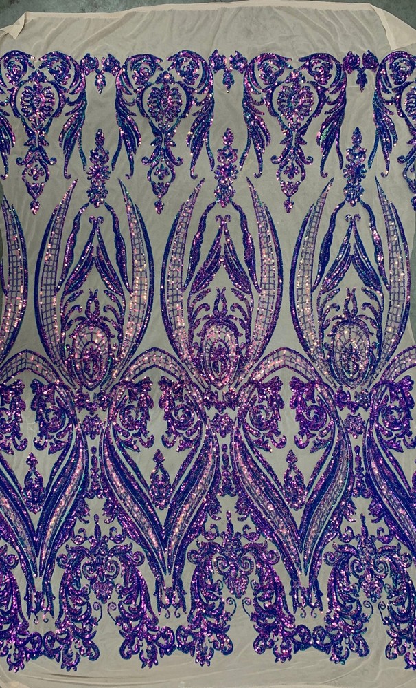 Alaina IRIDESCENT PURPLE Curlicue Sequins on NUDE Mesh Lace Fabric by the Yard