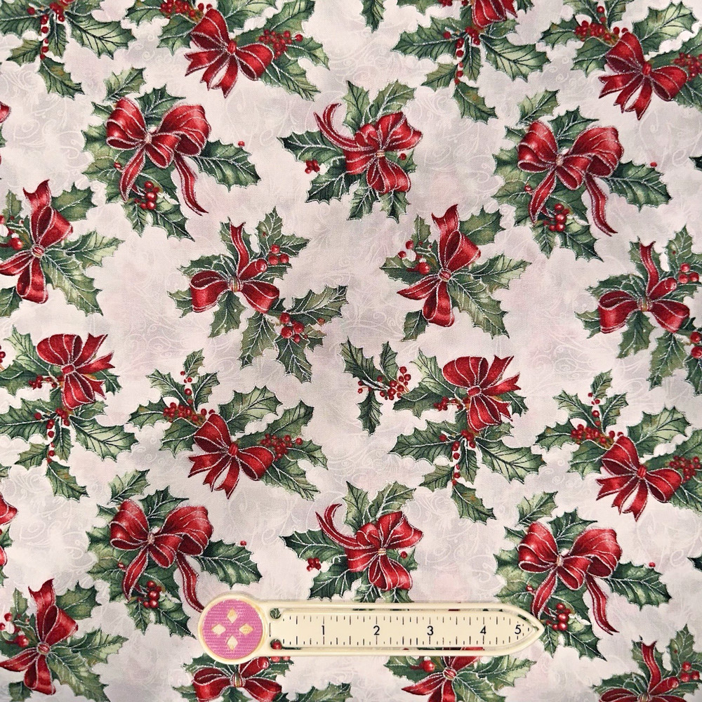 FERN XL SCRAP 10X22″ Fabric Christmas Holiday Red Ribbon Bows, Holly, Berries