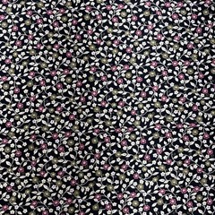 Pink White Green Floral Vines Black Rayon Fabric BTHY #61