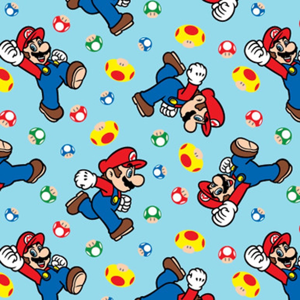 Super Mario Characters on Blue Children’s Cotton Fabric