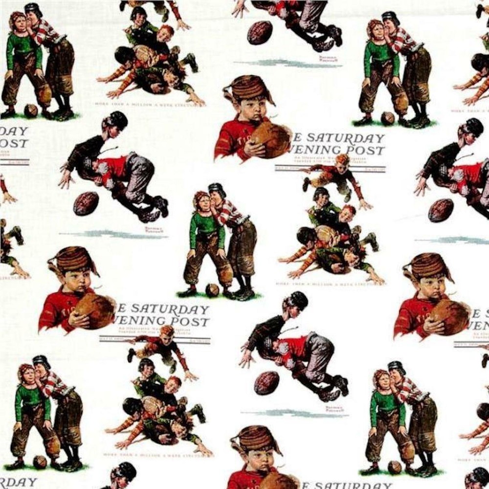 Saturday Evening Post Football Boys White 100% Cotton Fabric by 1/2 of a Yard
