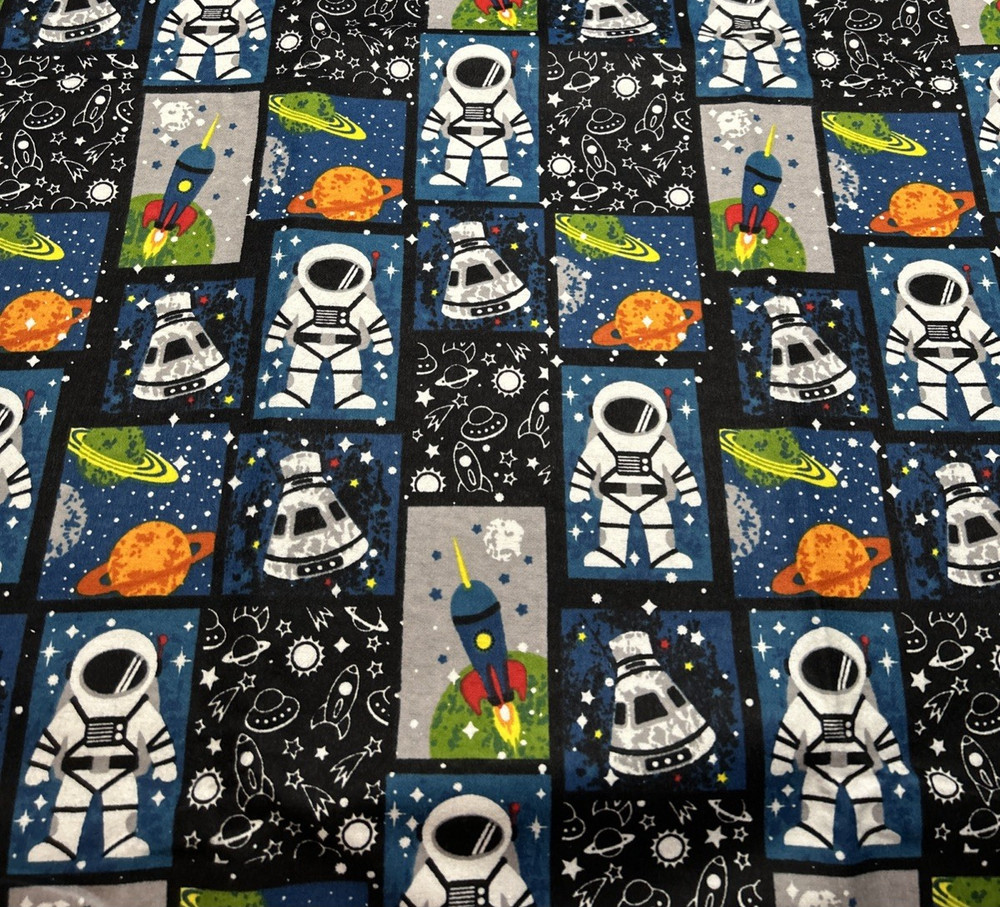 JoAnn Snuggle Flannel Fabric 2 Yards Astronaut Planets Spaceship NEW