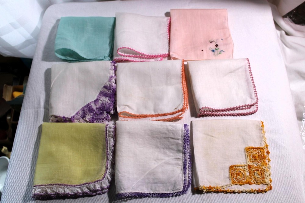 Lot of 9 Vintage Handkerchiefs With Crocheted Borders, Some Slightly Imperfect