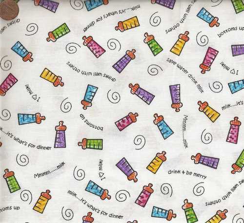 Funny Baby babies bottles milk white Moda fabric BTY