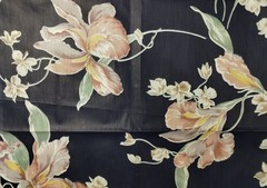 Vtg Glazed Chintz Fabric Navy Blue Iris Floral Polished Cotton 2.3 Yd Cut Selvag