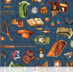 “Fish Tails” Fishing Gear Fabric-Cotton 1 yd*BTY*Teal•Cust Fav! Same Day Ship!