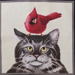 Elizabeth’s Studio~”Kitty Cat & Cardinal”~Cotton Fabric Panel ~ 6.75″x6.75″