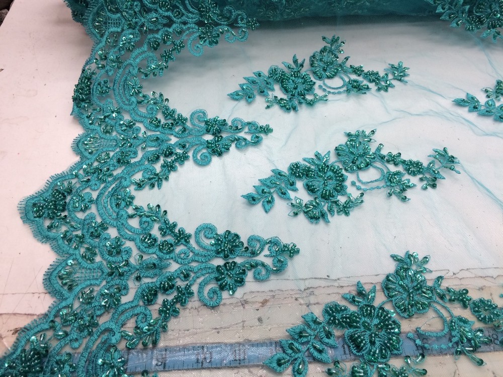 Elegant Jade Green Hand Beaded Mesh Lace.Wedding/Bridal Fabric.36x50inches.