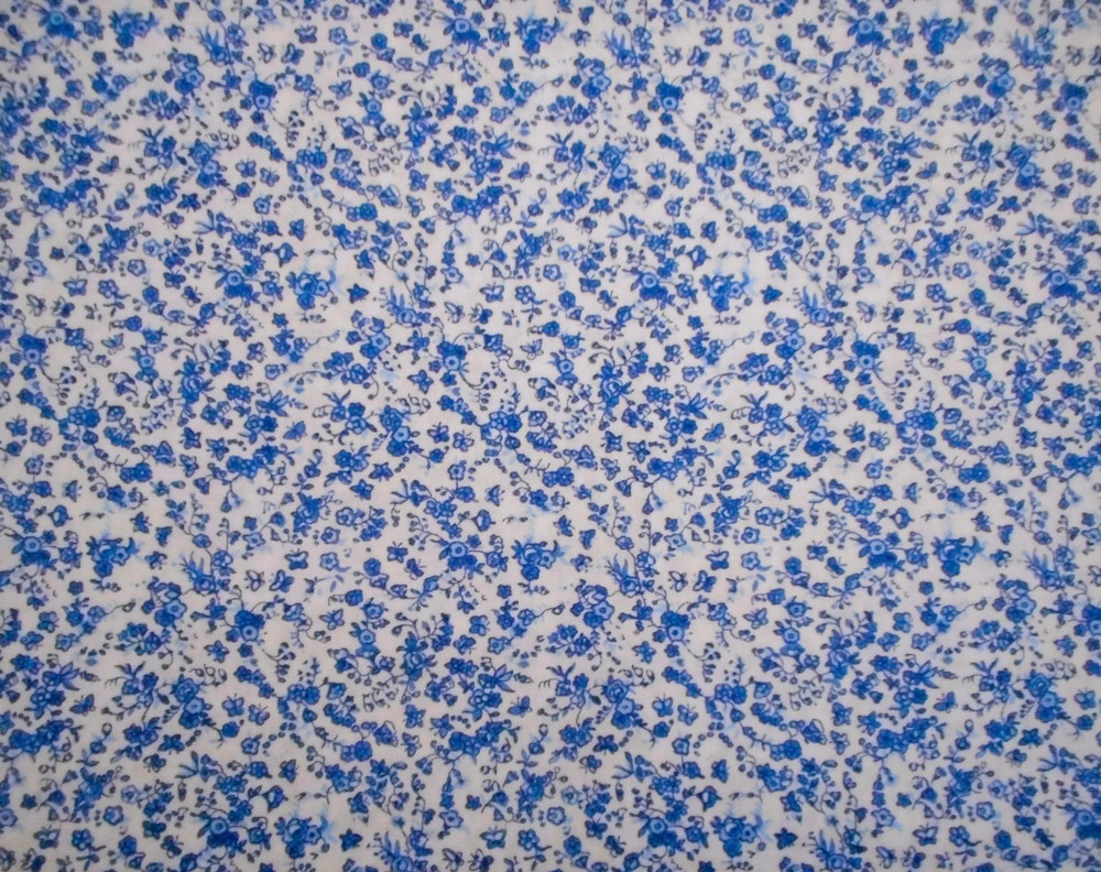 Quilt Fabric By The Half-Yard Small Blue Floral Tiny Butterflies on White Cotton