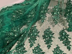 Green Heavy Beaded Sequin Rhinestones Embroidery Lace Fabric 50” Width 1 Yard