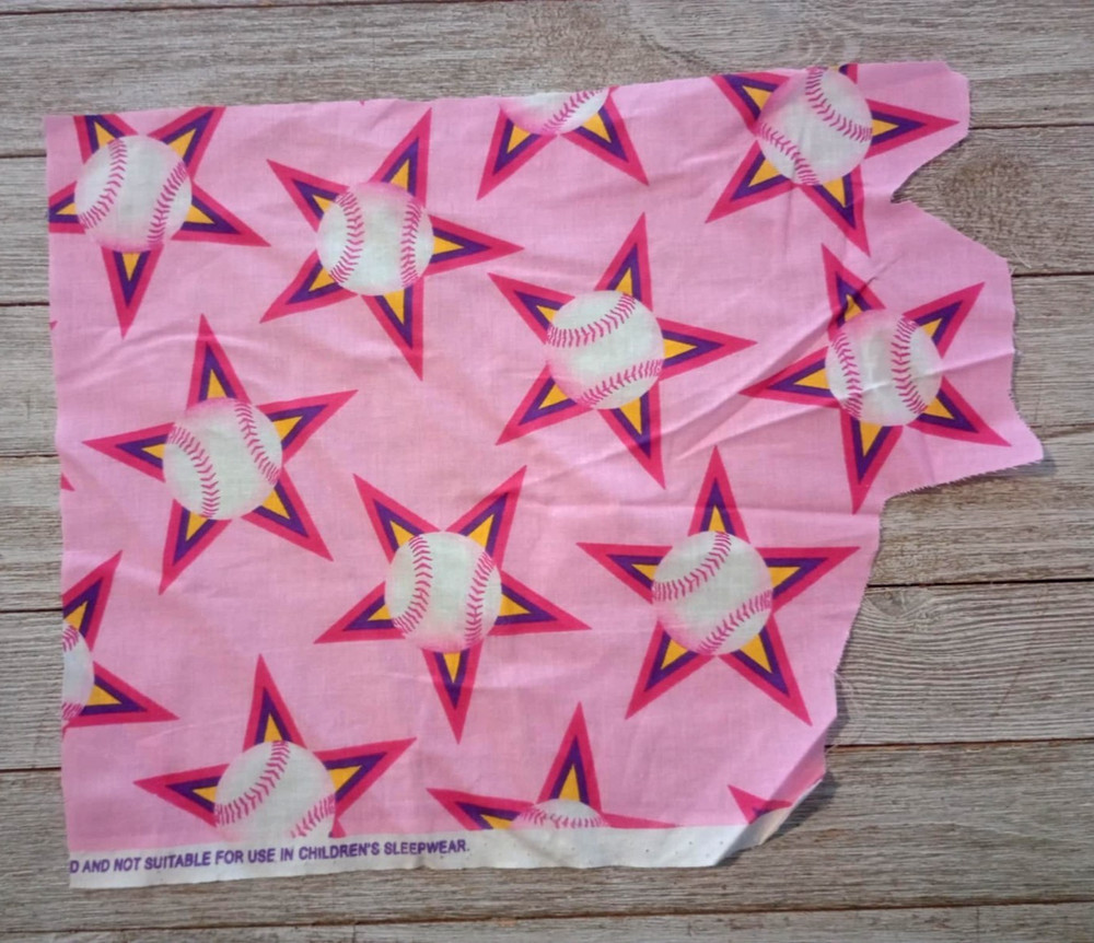 Baseball Star Fabric 9″ X 9″ Sewing Crafting Pink Piece New