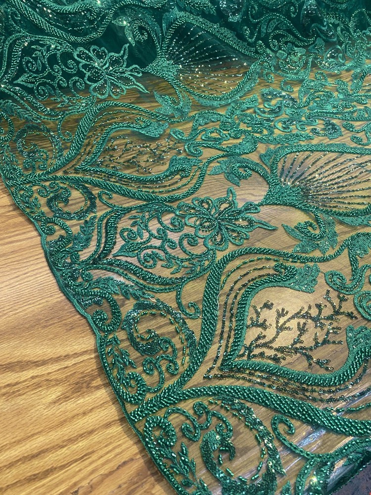 Emerald Beaded Lace Fabric, Sequined Embroidered Tulle, Bridal Lace Evening Gown