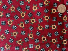 1 Yd x 43” Vtg Sunflowers & Checks on Dark Red Fabric by Cranston – Fall