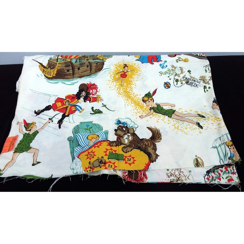 Vtg 1950s Peter Pan Neverland Barkcloth Fabric 61×44 MCM Rare Novelty Textile
