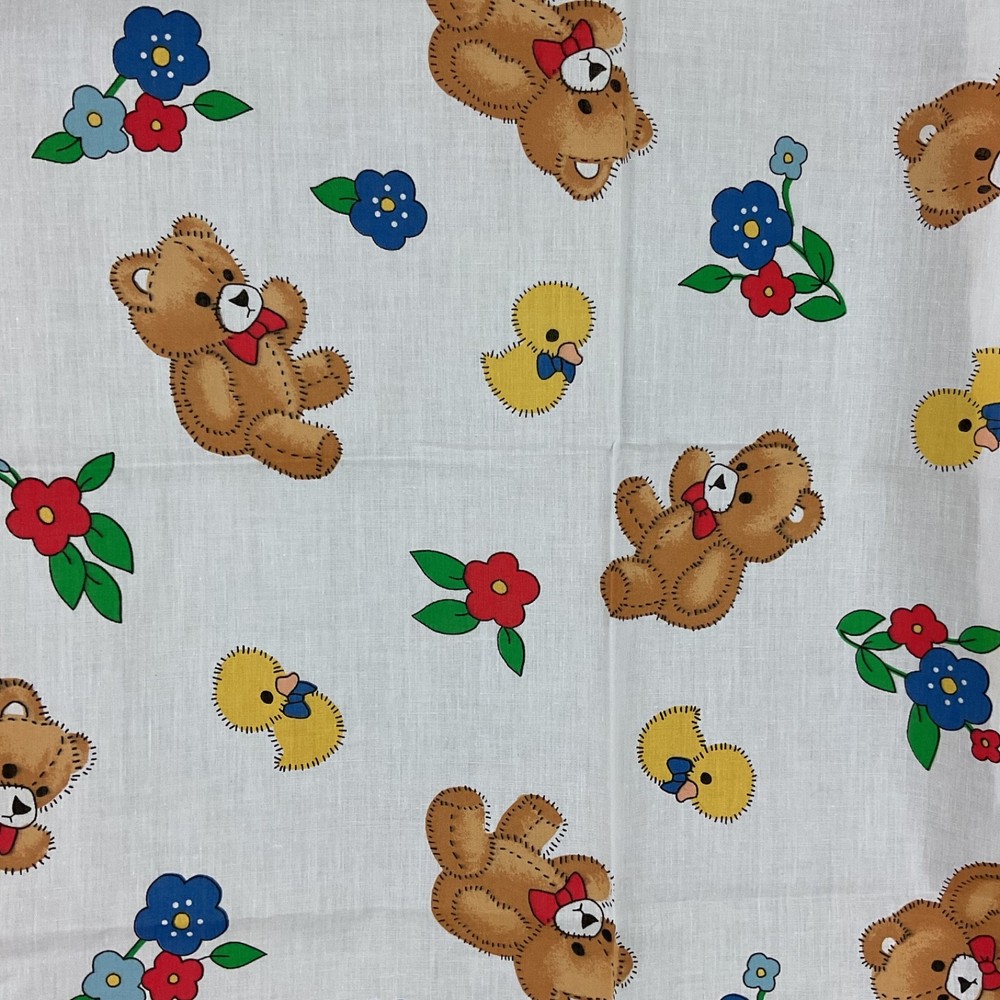 Vintage Teddy Bear Duck Flowers Novelty Print Nursery Fabric 55″ L x 45″ W