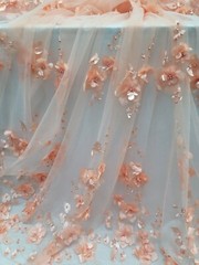 3D Floral Peach Beaded Lace Fabric by the Yard – Mesh Lace with Embroidered Flow