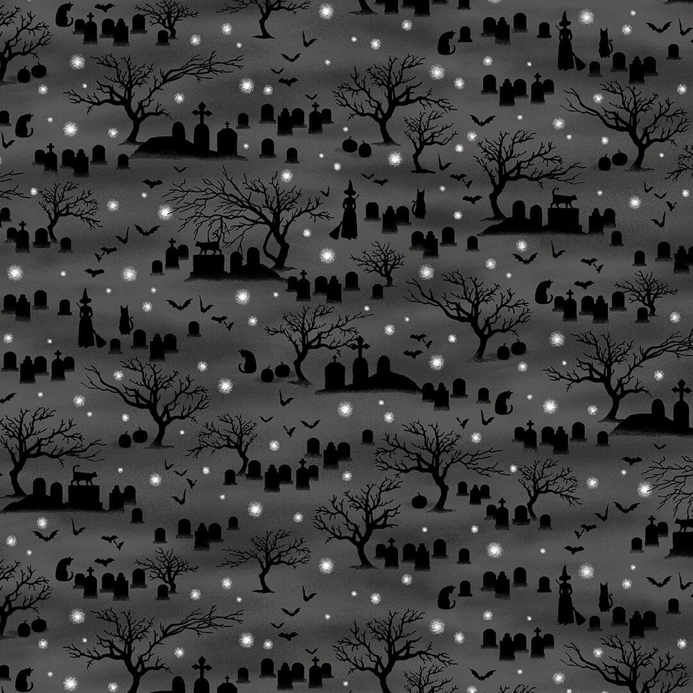 Halloween Fabric | Midnight Magic Tombstone Graveyard Moon Gray | Studio E YARD