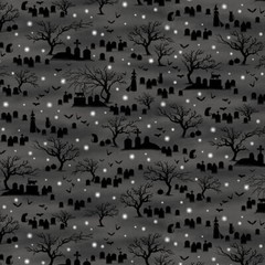 Halloween Fabric | Midnight Magic Tombstone Graveyard Moon Gray | Studio E YARD