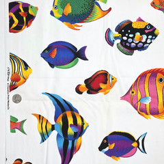 VTG VIP Cranston Tropical Aquarium Fish Bright On White Cotton Fabric 2 YD x 45″