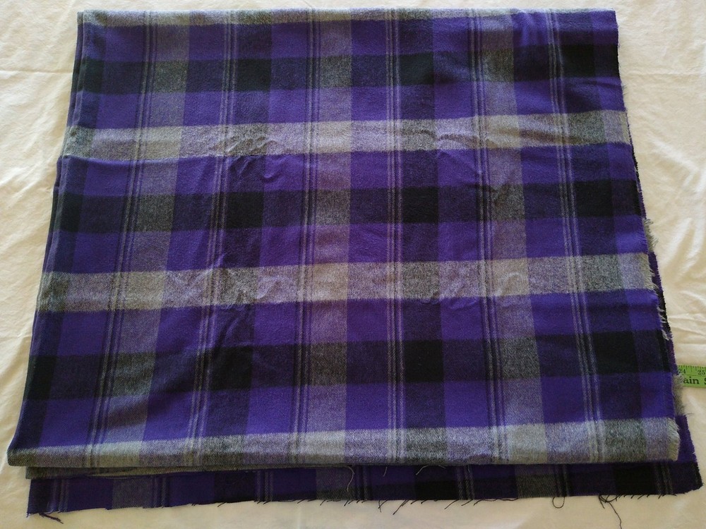 100% wool fabric 2+ yards purple black grey PLAID wide material estate very soft