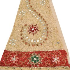 Sanskriti Saskriti Vintage Combo Of Design Fabric Hand Beads Net Mesh Cream Rhin
