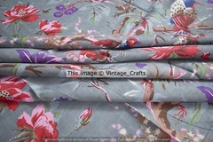 Indian 5 Yard Fabric Cotton Dress Material Bird Printed Hand Block Gray Fabric