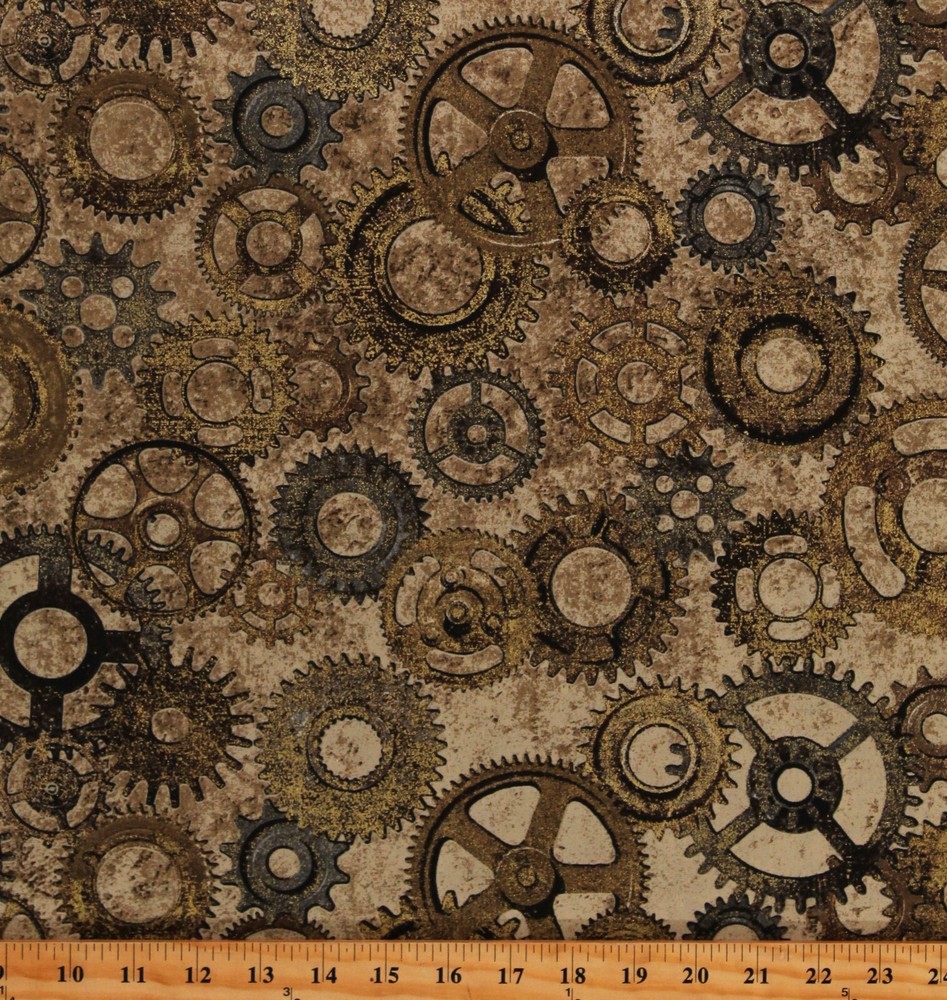 Cotton Gears Cogs & Wheels Gold Metallic Fabric Print by the Yard D765.42