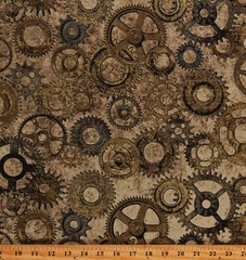 Cotton Gears Cogs & Wheels Gold Metallic Fabric Print by the Yard D765.42