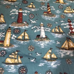 1995 100% Cotton Lighthouse And Sailboat Nautical Fabric On Teal Background 4 Yd