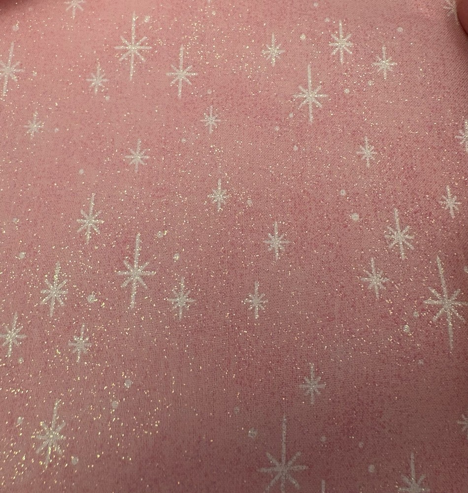 Vtg Glittery Pink White MCM Stars Sewing Fabric 22.5” x 140” Christmas