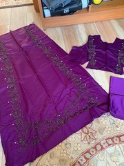 DESIGNER COUTURE FABRIC DEEP PURPLE SATIN MULTI COLOR BEADS EMBOIDERY CRAFTS