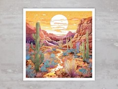 Mountain Desert Sunset Cactus Quilt Fabric Panel Sewing Quilting Block A130