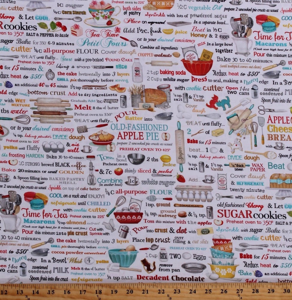 Cotton Kitchen Baking Recipe Book Food Chef Bakers Fabric Print BTY D765.34