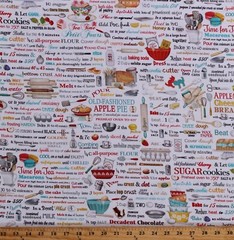 Cotton Kitchen Baking Recipe Book Food Chef Bakers Fabric Print BTY D765.34
