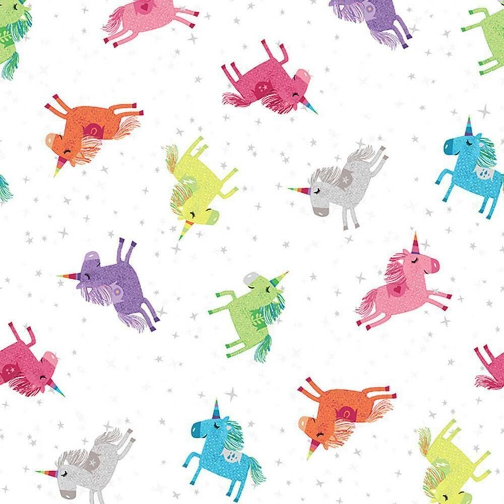 SHINE BRIGHT Unicorns on White Quilt Fabric Sold by 1/2 Yd Clothworks