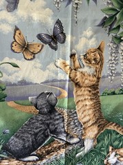 Vtg Blue Cat Fabric Panel Butterfly Bird Lilac Flowers PREWASHED Cotton Quilt
