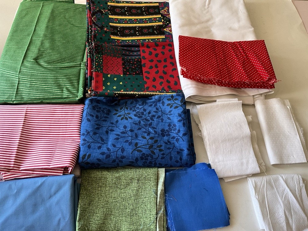 Quilting Sewing Crafts Fabric Lot Green Red Blue White Stripes Patchwork Solid