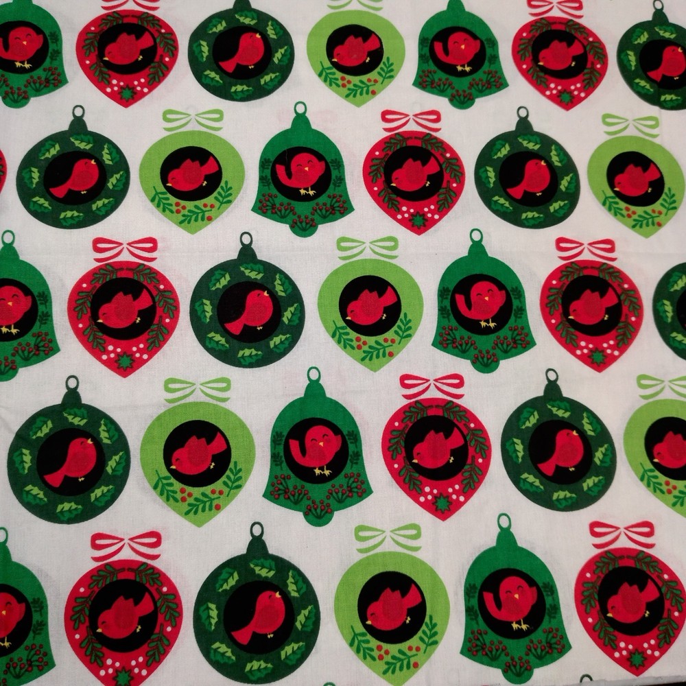 Christmas Bulbs Red Bird Holiday Fabric Material Sewing Sew Crafts Birds 56.5″