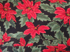 4 YDS BRIGHT RED POINSETTIAS ON BLACK GOLD ACCENTS 100% COTTON