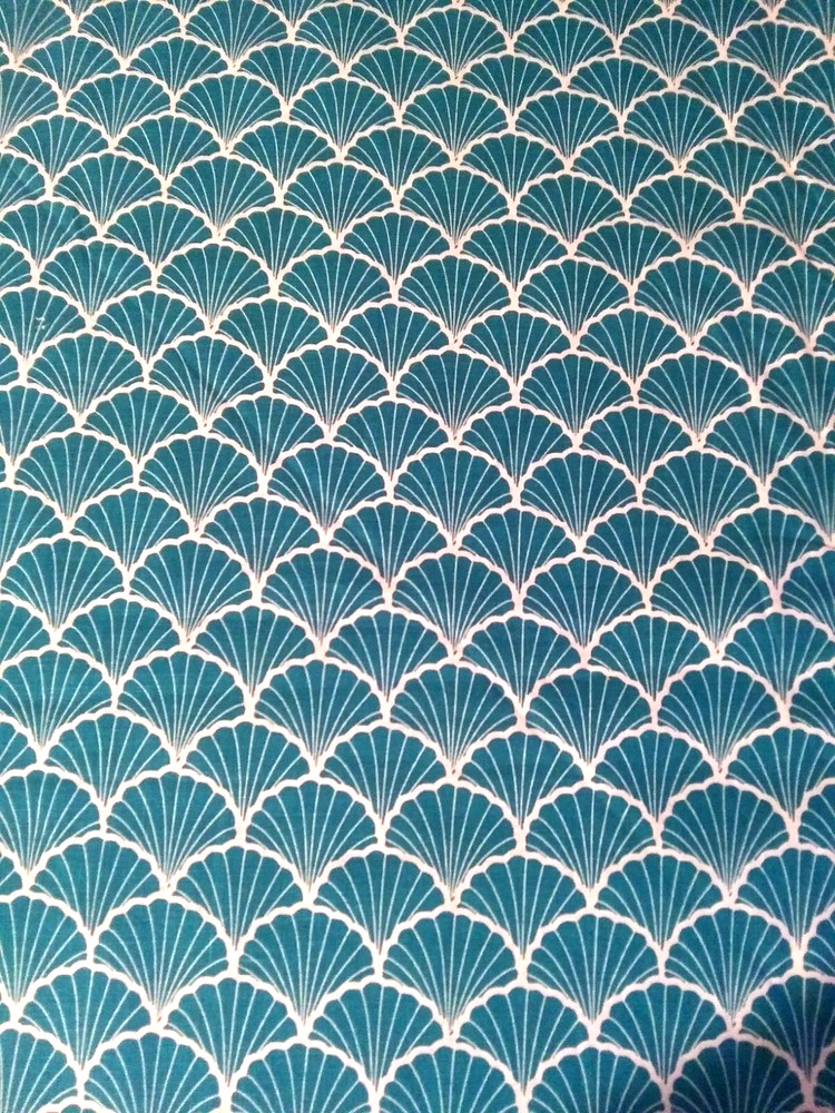 Turquoise Blue White Shell Pattern Linen Fabric~4 yards & 20″ by 53″ Wide