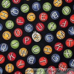 BonEful Fabric FQ Cotton Quilt VTG Black Red Blue Letter Alphabet Bottle Cap Dot